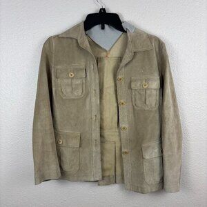 Theory Vintage Beige Leather Suede Button Front Pockets Shirt Jacket Size Small